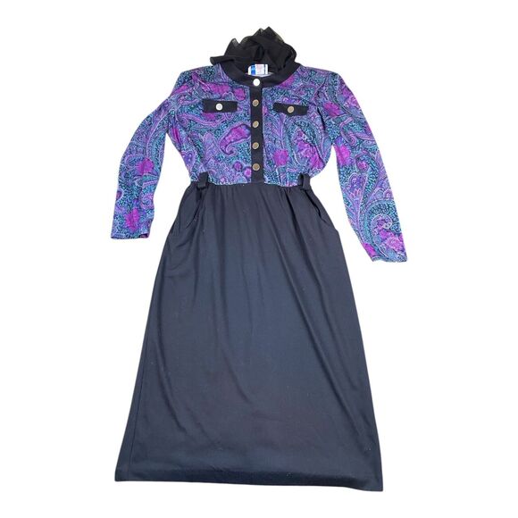 Periwinkle Dresses & Skirts - Vtg 90's Purple Paisley Floral Midi Dress Size 12 S/MED Retro Bold Buttons USA